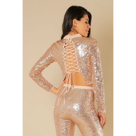 Rose Gold Mock Neck Sequins Crop Top - Picture 4 of 4